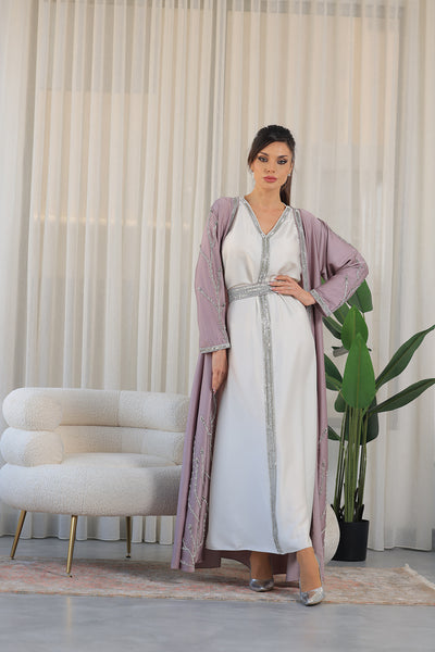 Lilac White V-Neck Rhinestone Kaftan Jalabiya