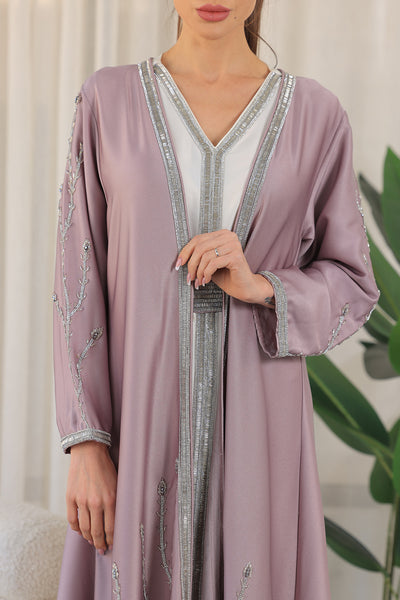 Lilac White V-Neck Rhinestone Kaftan Jalabiya
