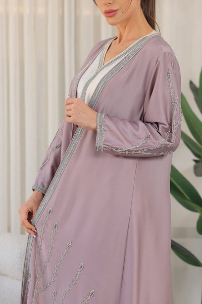 Lilac White V-Neck Rhinestone Kaftan Jalabiya