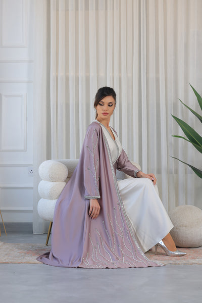 Lilac White V-Neck Rhinestone Kaftan Jalabiya