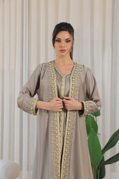 Beige Pearl Embroidered Kaftan Jalabiya