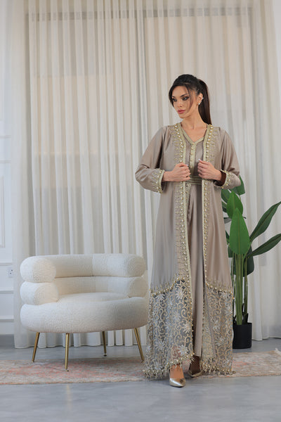 Beige Pearl Embroidered Kaftan Jalabiya