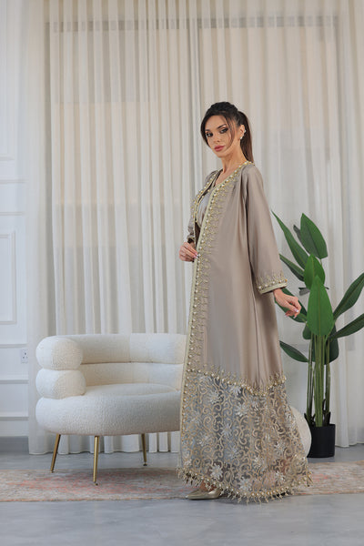 Beige Pearl Embroidered Kaftan Jalabiya