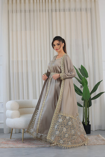 Beige Pearl Embroidered Kaftan Jalabiya