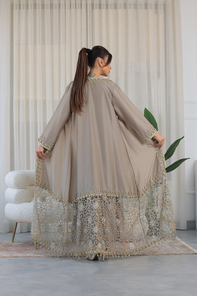 Beige Pearl Embroidered Kaftan Jalabiya