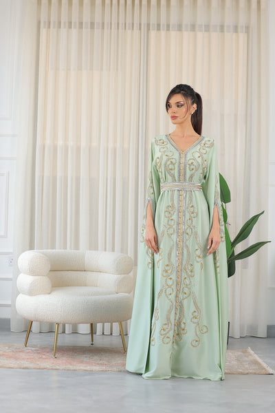 Mint Shilhat Sleeves V-neck Embroidered Jalabiya