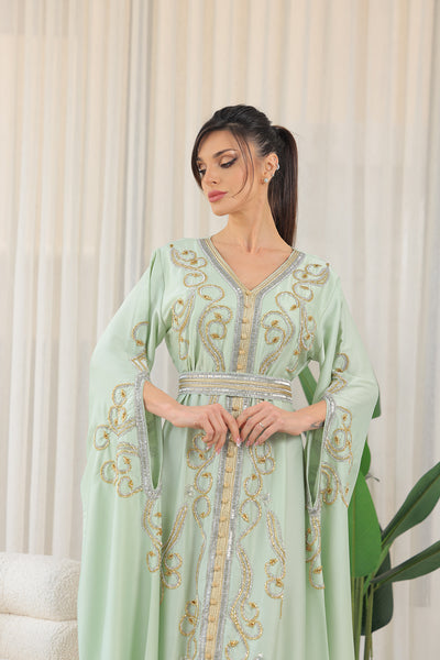 Mint Shilhat Sleeves V-neck Embroidered Jalabiya