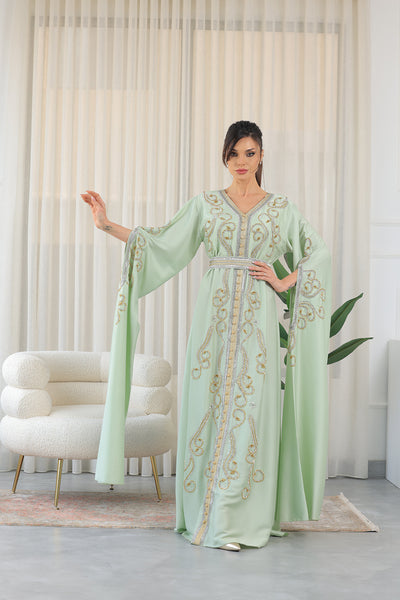 Mint Shilhat Sleeves V-neck Embroidered Jalabiya