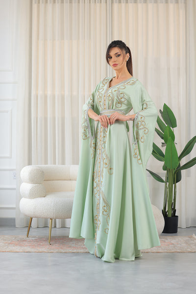 Mint Shilhat Sleeves V-neck Embroidered Jalabiya