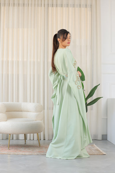 Mint Shilhat Sleeves V-neck Embroidered Jalabiya