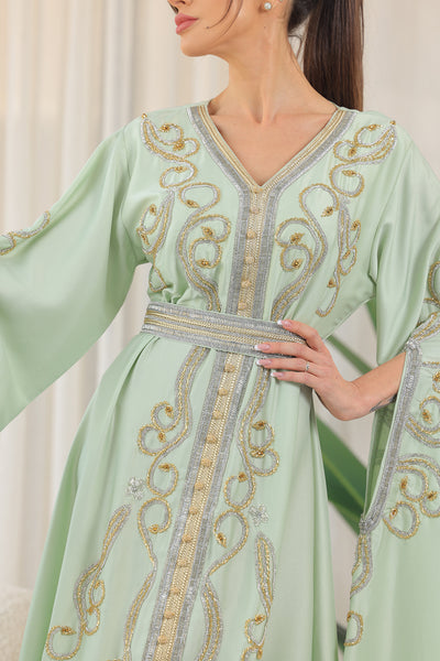 Mint Shilhat Sleeves V-neck Embroidered Jalabiya
