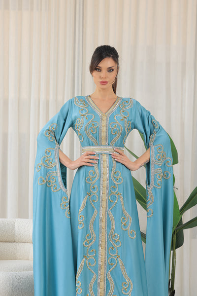 Teal Green Shilhat Sleeves V-neck Embroidered Jalabiya