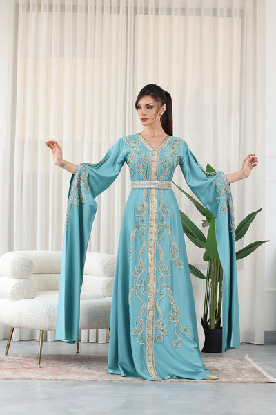 Teal Green Shilhat Sleeves V-neck Embroidered Jalabiya