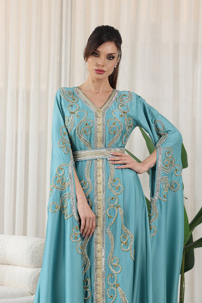 Teal Green Shilhat Sleeves V-neck Embroidered Jalabiya