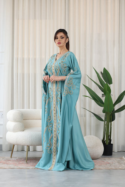 Teal Green Shilhat Sleeves V-neck Embroidered Jalabiya