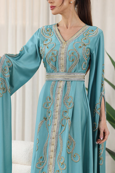 Teal Green Shilhat Sleeves V-neck Embroidered Jalabiya
