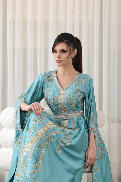 Teal Green Shilhat Sleeves V-neck Embroidered Jalabiya