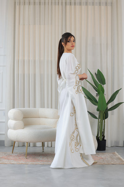 White Shilhat Sleeves V-neck Embroidered Jalabiya