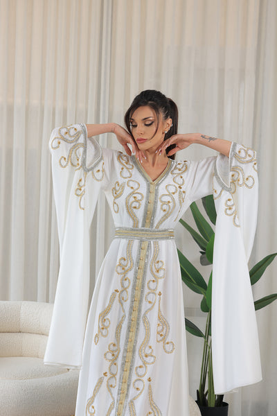 White Shilhat Sleeves V-neck Embroidered Jalabiya