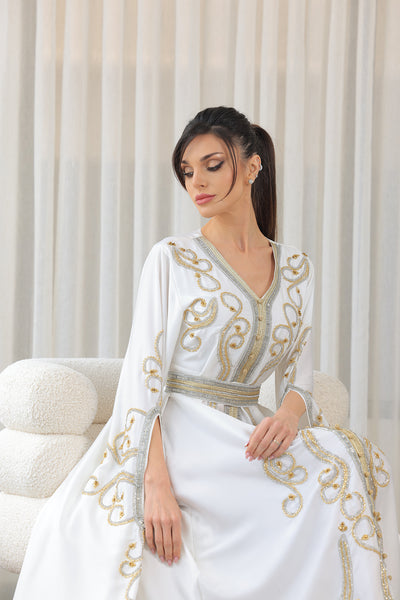 White Shilhat Sleeves V-neck Embroidered Jalabiya