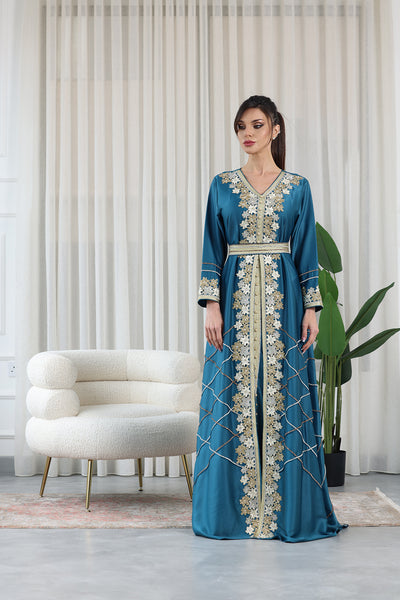 Teal Blue V-Neck Embroidered Jalabiya