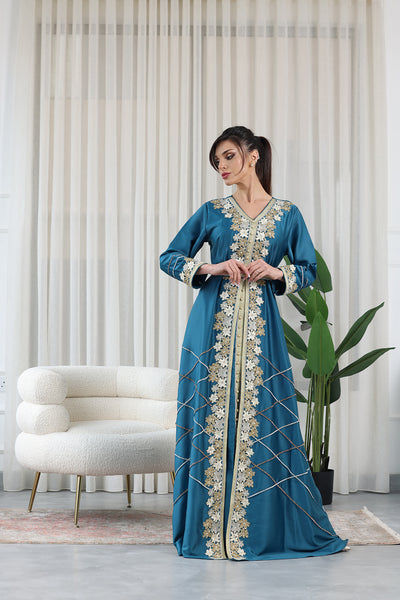 Teal Blue V-Neck Embroidered Jalabiya