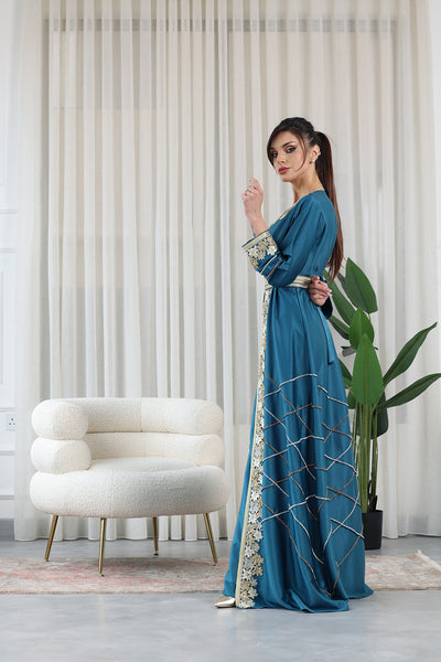 Teal Blue V-Neck Embroidered Jalabiya