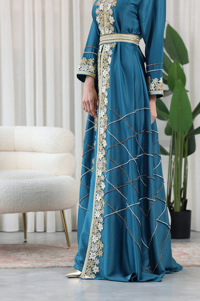 Teal Blue V-Neck Embroidered Jalabiya