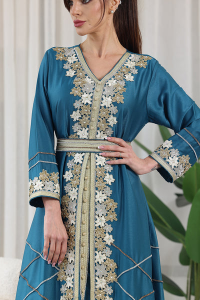Teal Blue V-Neck Embroidered Jalabiya