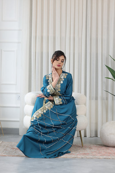 Teal Blue V-Neck Embroidered Jalabiya