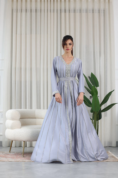 Silver Grey V-Neck Embellished Kaftan Jalabiya