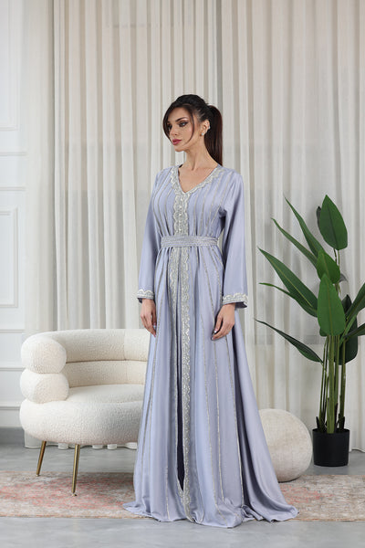 Silver Grey V-Neck Embellished Kaftan Jalabiya