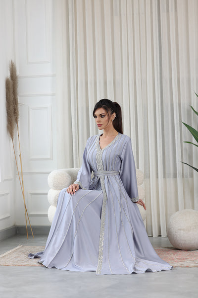 Silver Grey V-Neck Embellished Kaftan Jalabiya