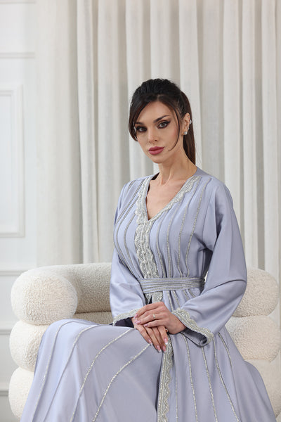 Silver Grey V-Neck Embellished Kaftan Jalabiya