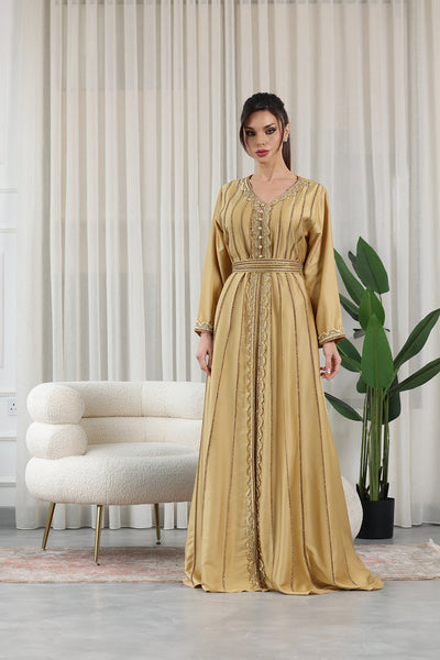 Golden V-Neck Embellished Kaftan Jalabiya