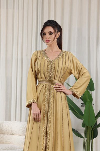 Golden V-Neck Embellished Kaftan Jalabiya