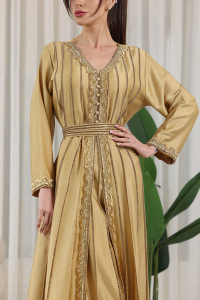 Golden V-Neck Embellished Kaftan Jalabiya