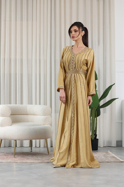 Golden V-Neck Embellished Kaftan Jalabiya