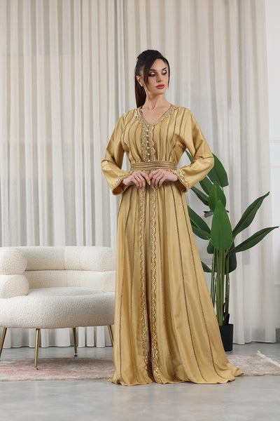 Golden V-Neck Embellished Kaftan Jalabiya