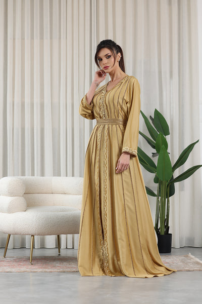 Golden V-Neck Embellished Kaftan Jalabiya