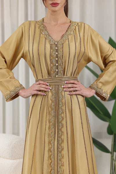 Golden V-Neck Embellished Kaftan Jalabiya