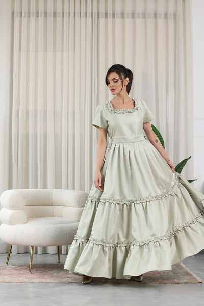 Mint Tie Back Ruffle Maxi Dress