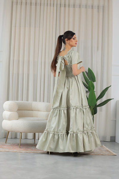 Mint Tie Back Ruffle Maxi Dress