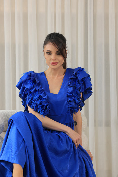 Layered Ruffle Ostrich Sleeves Maxi Dress