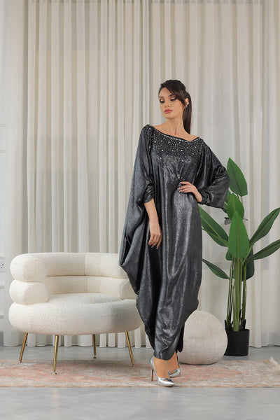 Off-Shoulder Jalabiya With Silver Embroidery