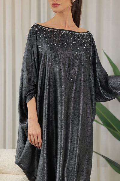Off-Shoulder Jalabiya With Silver Embroidery