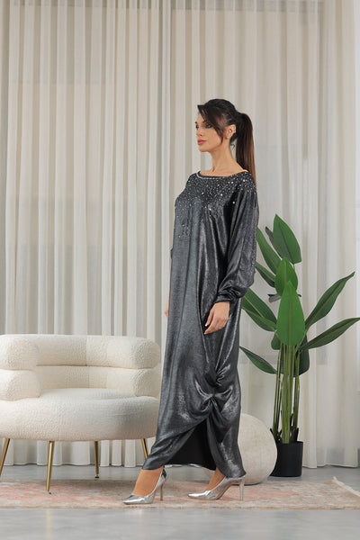 Off-Shoulder Jalabiya With Silver Embroidery