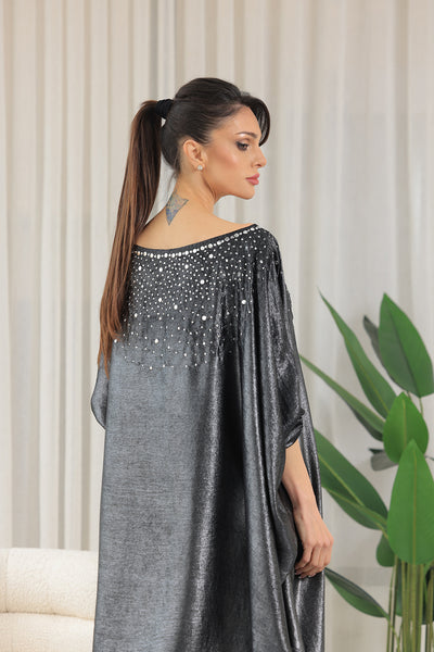Off-Shoulder Jalabiya With Silver Embroidery