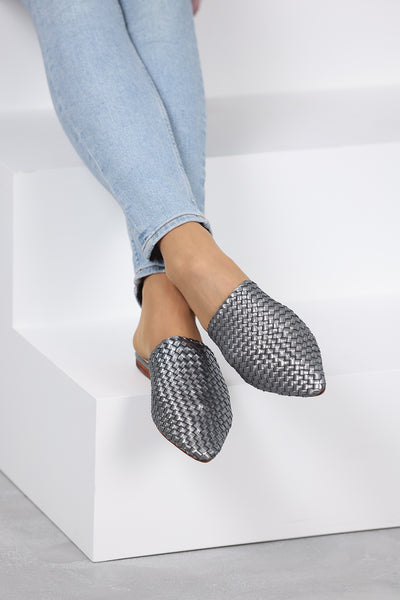 Woven Leather Babouche Silver Grey Slides