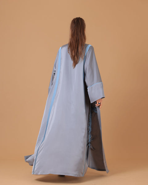 Pure Silk Silver Grey Ribboned Abaya